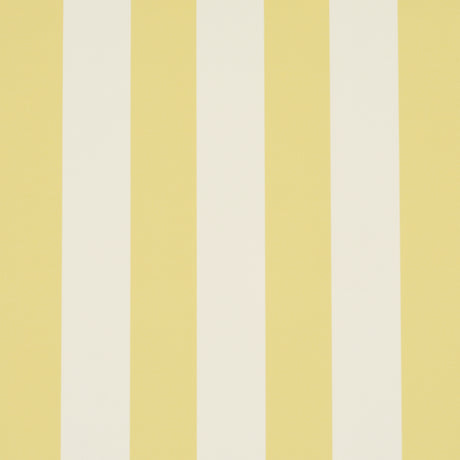 Emma Stripe yellow and white striped wallpaper by Schumacher shown in a bathroom interior and as a roll.