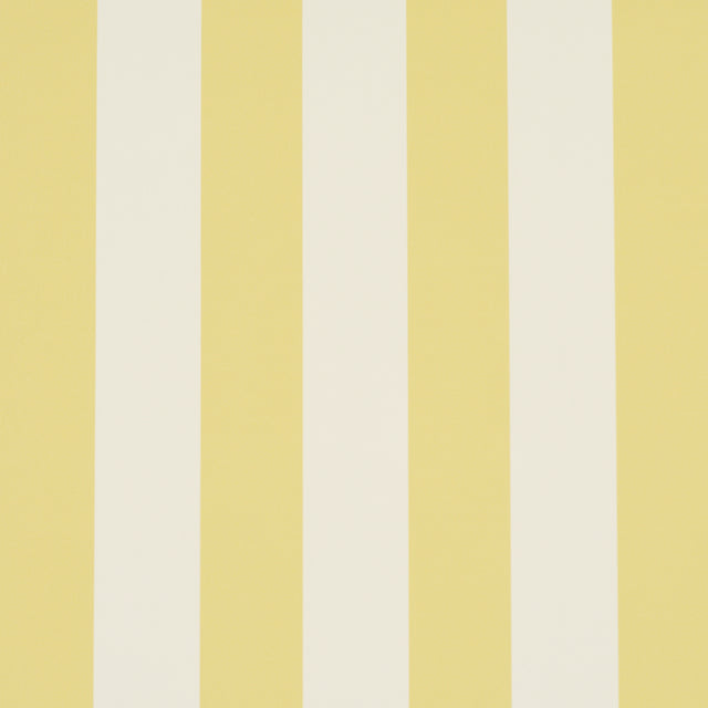 Emma Stripe yellow and white striped wallpaper by Schumacher shown in a bathroom interior and as a roll.