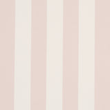 Emma Stripe wallpaper in Petal by Schumacher, featuring classic pink and white vertical stripes, shown in a styled bathroom interior.