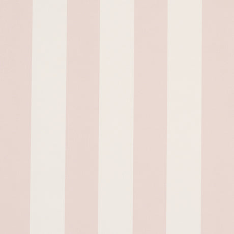 Emma Stripe wallpaper in Petal by Schumacher, featuring classic pink and white vertical stripes, shown in a styled bathroom interior.