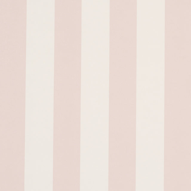 Emma Stripe wallpaper in Petal by Schumacher, featuring classic pink and white vertical stripes, shown in a styled bathroom interior.