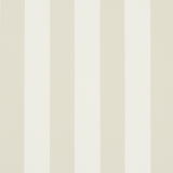 Emma Stripe Birch wallpaper by Schumacher featuring wide vertical stripes in neutral tones, shown in a styled bathroom interior.