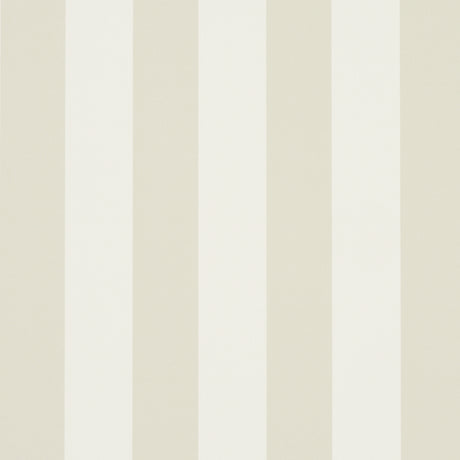 Emma Stripe Birch wallpaper by Schumacher featuring wide vertical stripes in neutral tones, shown in a styled bathroom interior.