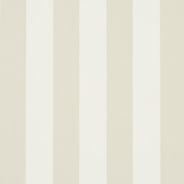 Emma Stripe Birch wallpaper by Schumacher featuring wide vertical stripes in neutral tones, shown in a styled bathroom interior.