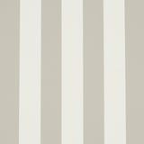 Emma Stripe wallpaper in Stone by Schumacher, classic vertical stripe pattern in neutral tones, shown in a styled bathroom interior.