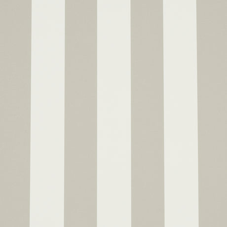 Emma Stripe wallpaper in Stone by Schumacher, classic vertical stripe pattern in neutral tones, shown in a styled bathroom interior.