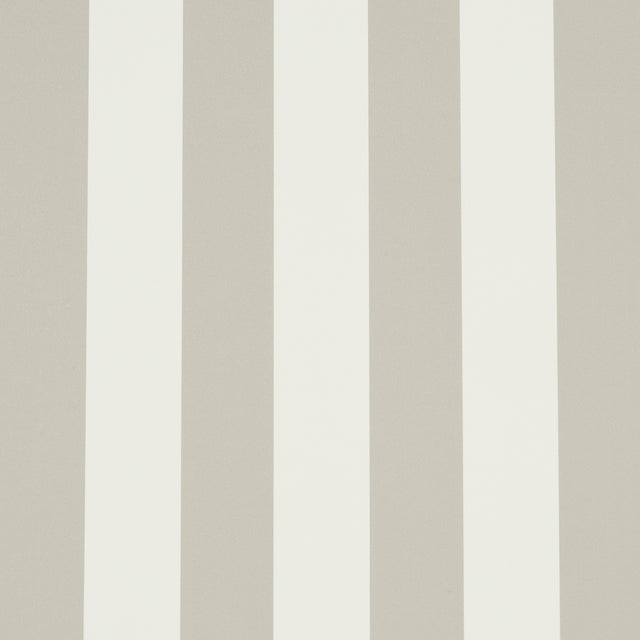 Emma Stripe wallpaper in Stone by Schumacher, classic vertical stripe pattern in neutral tones, shown in a styled bathroom interior.