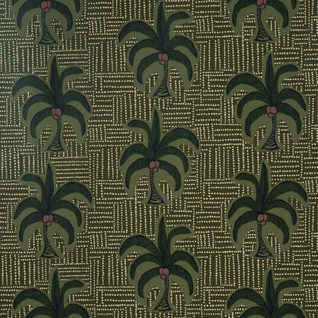 AGUA DE COCO wallpaper in Palm Tree Green by Johanna Ortiz for Schumacher, featuring coconut palm motifs and dotted patterns.