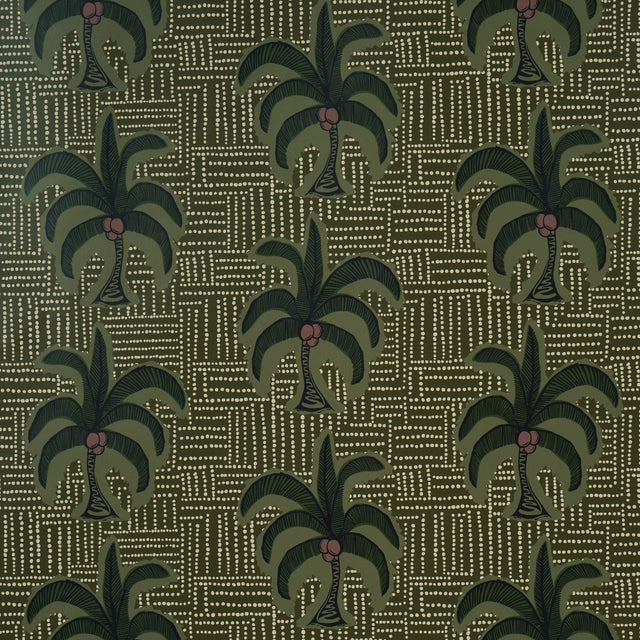 AGUA DE COCO wallpaper in Palm Tree Green by Johanna Ortiz for Schumacher, featuring coconut palm motifs and dotted patterns.