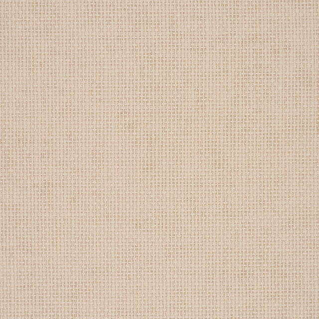 Paperweave Vinyl wallpaper in Wheat by Schumacher. Faux-woven textured beige wallcovering roll and detail.