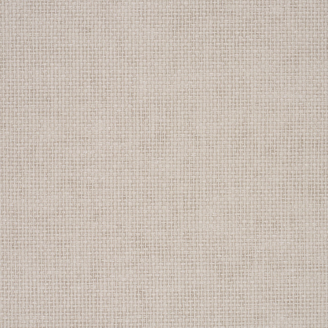 Paperweave Vinyl wallpaper in Dove by Schumacher. Faux-woven textured vinyl wallcovering in a neutral tone, shown as a close-up and in a rolled view.