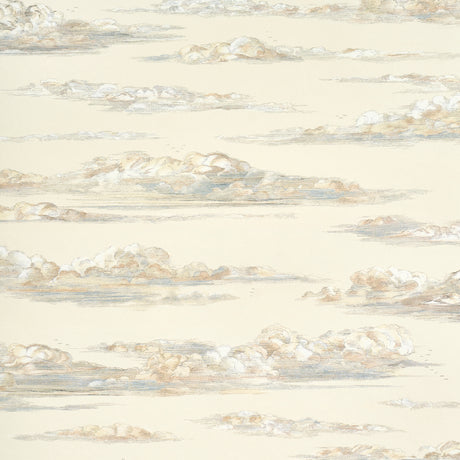 Mr. Darcy's Clouds wallpaper in Pemberley by Johnson Hartig for Schumacher, featuring a hand-colored cloudscape inspired by 18th-century engravings.