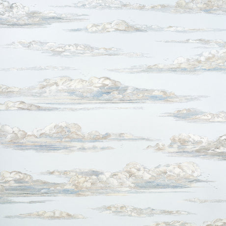 Mr. Darcy's Clouds wallpaper by Schumacher, featuring a hand-drawn cloudscape in soft sky tones, designed by Johnson Hartig.