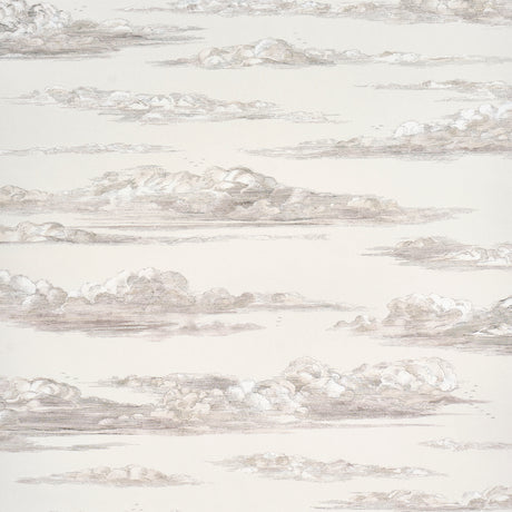 Mr. Darcy's Clouds wallpaper in Grisaille by Johnson Hartig for Schumacher, featuring a scenic cloudscape inspired by 18th-century engravings.