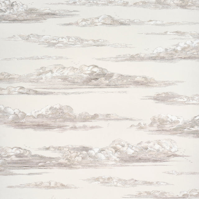 Mr. Darcy's Clouds wallpaper in Grisaille by Johnson Hartig for Schumacher, featuring a scenic cloudscape inspired by 18th-century engravings.