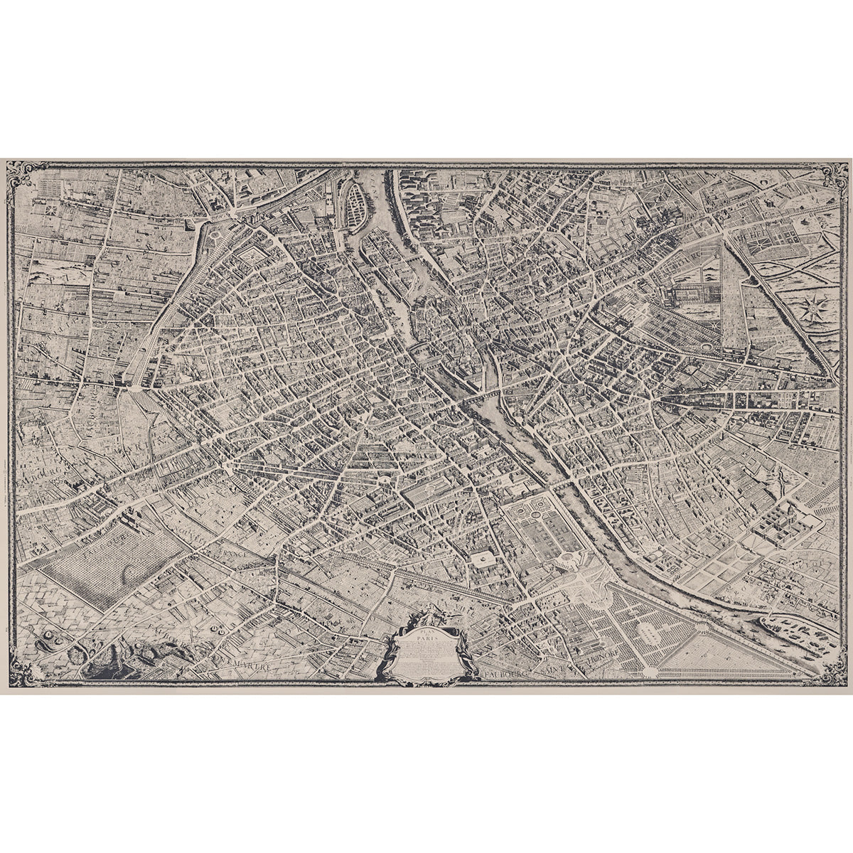 La Cite Panel Set wallpaper mural by Schumacher, featuring a detailed reproduction of Paris's Turgot Map in ebony on cream.