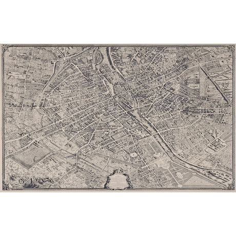 La Cite Panel Set wallpaper mural by Schumacher, featuring a detailed reproduction of Paris's Turgot Map in ebony on cream.