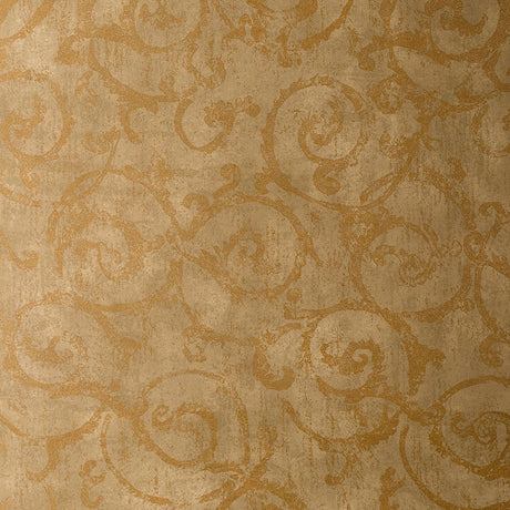 Bernini Scroll Brushwood handcrafted non-woven wallcovering by Schumacher in gold and tan scroll pattern.