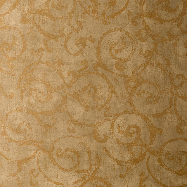 Bernini Scroll Brushwood handcrafted non-woven wallcovering by Schumacher in gold and tan scroll pattern.