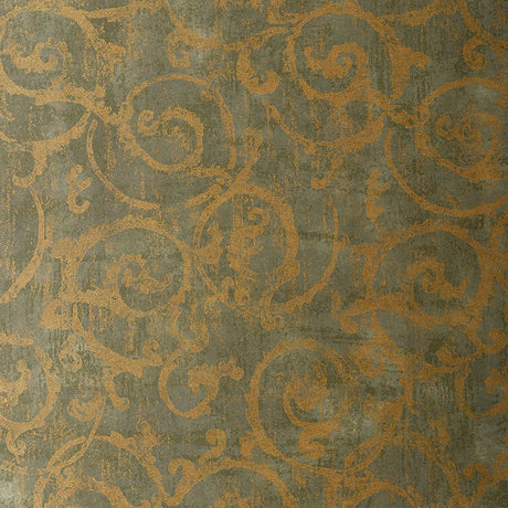 Bernini Scroll Mist handcrafted non-woven wallcovering with gold scroll pattern by Schumacher