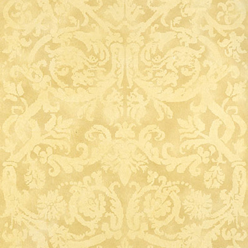 Pontine Damask in Soft Gold by Schumacher - Handcrafted damask wallcovering in a soft gold colorway