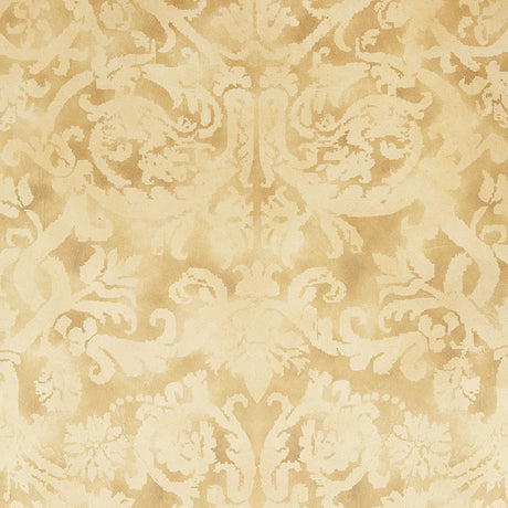 Pontine Damask in Granite, handcrafted non-woven wallcovering by Schumacher, damask pattern in beige and gold tones