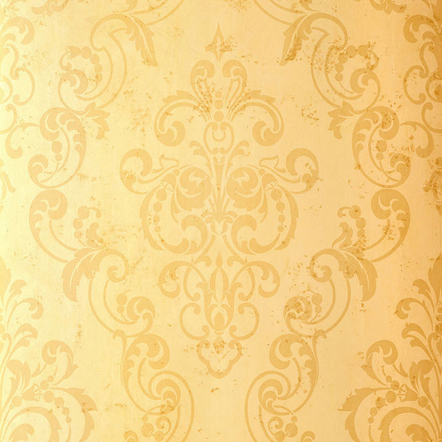 Giovan Damask Maize by Schumacher - Handcrafted yellow damask wallpaper with ornate scroll pattern