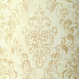 Giovan Damask wallpaper in Patina by Schumacher, featuring a classic damask pattern in soft gold and beige tones.