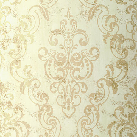 Giovan Damask wallpaper in Patina by Schumacher, featuring a classic damask pattern in soft gold and beige tones.