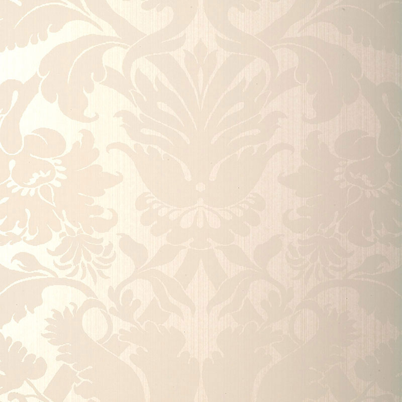 Fiorella Damask wallpaper in Pearl by Schumacher, featuring a classic damask pattern in a soft, elegant neutral tone.