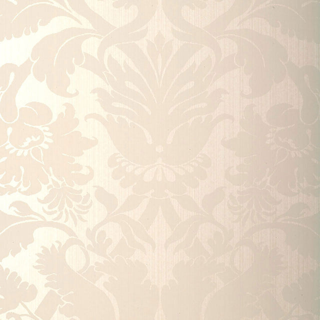 Fiorella Damask wallpaper in Pearl by Schumacher, featuring a classic damask pattern in a soft, elegant neutral tone.
