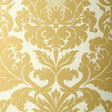 Fiorella Damask wallpaper in Patina by Schumacher, large-scale gold damask pattern on cream background