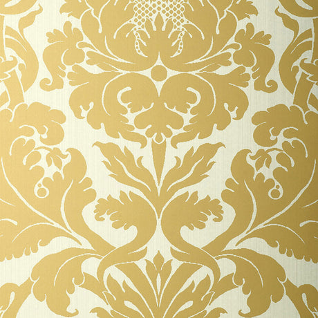 Fiorella Damask wallpaper in Patina by Schumacher, large-scale gold damask pattern on cream background