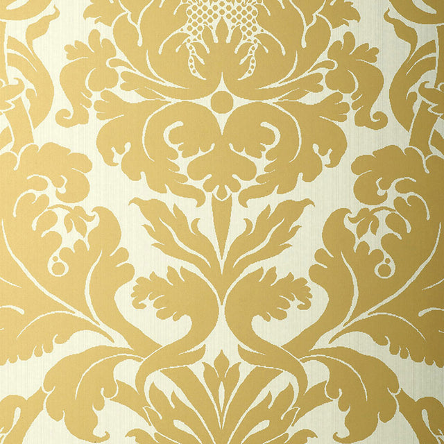 Fiorella Damask wallpaper in Patina by Schumacher, large-scale gold damask pattern on cream background