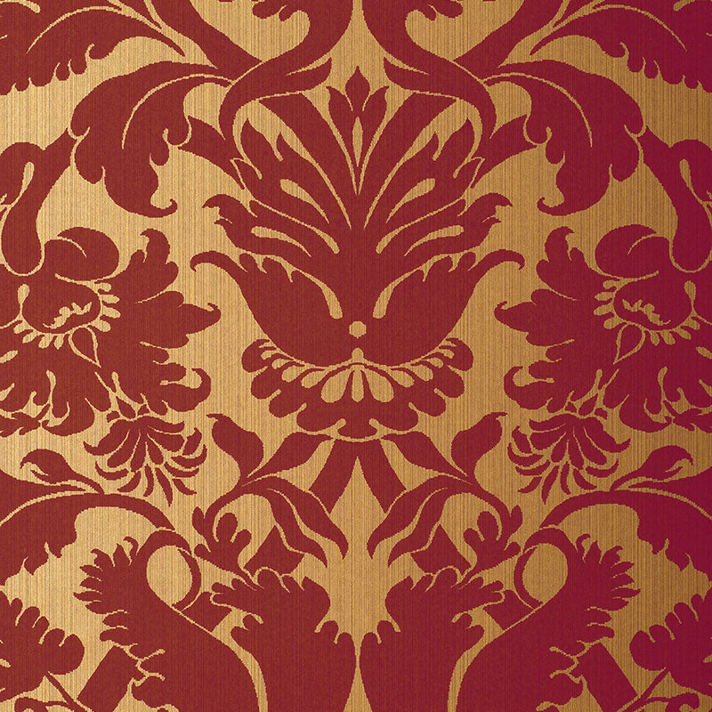 Fiorella Damask wallpaper in red on gold with a large-scale damask pattern by Schumacher