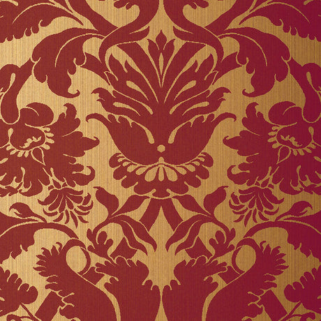 Fiorella Damask wallpaper in red on gold with a large-scale damask pattern by Schumacher