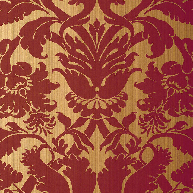 Fiorella Damask wallpaper in red on gold with a large-scale damask pattern by Schumacher