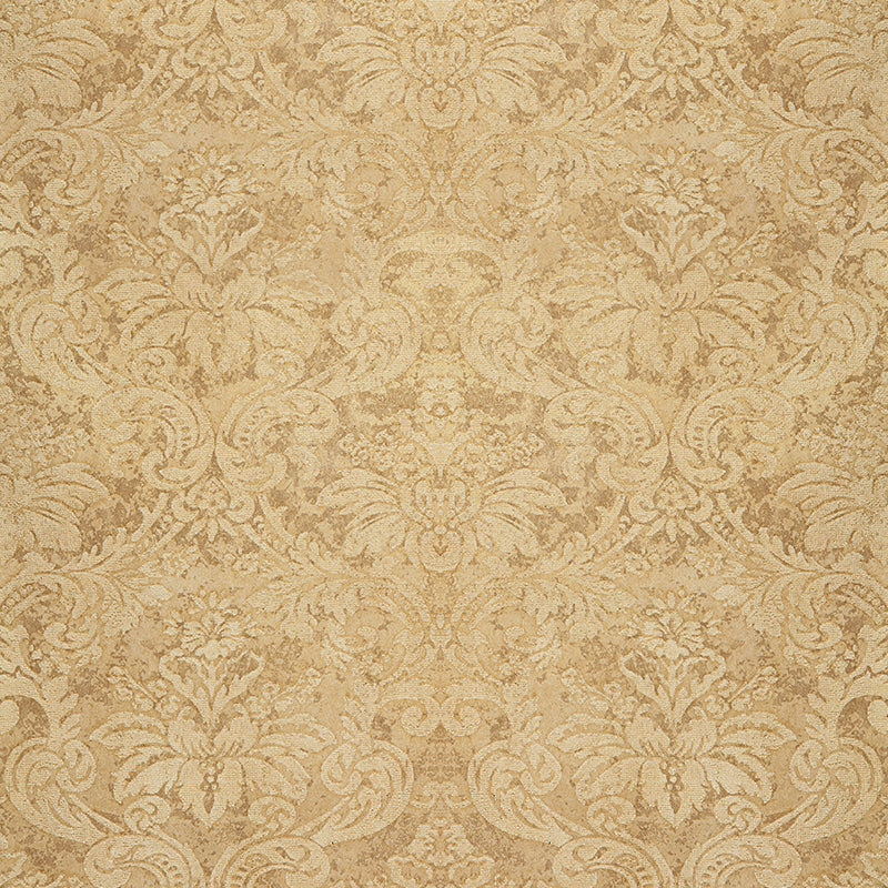 Gold damask metallic handcrafted wallpaper with intricate pattern and textured finish by Schumacher.