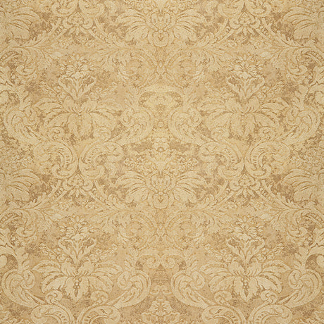 Gold damask metallic handcrafted wallpaper with intricate pattern and textured finish by Schumacher.