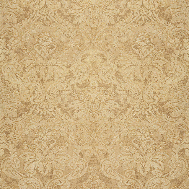 Gold damask metallic handcrafted wallpaper with intricate pattern and textured finish by Schumacher.