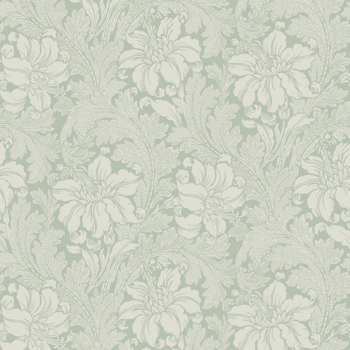 Acanthus Garden wallpaper in sage by Boråstapeter for Schumacher, featuring elegant floral and leaf motifs in a classic, soothing design.