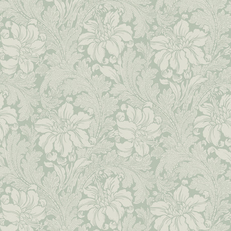 Acanthus Garden wallpaper in sage by Boråstapeter for Schumacher, featuring elegant floral and leaf motifs in a classic, soothing design.