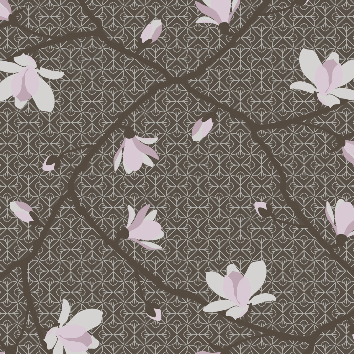 Magnolia mineral wallpaper by Boråstapeter for Schumacher, featuring blossoming magnolias on a geometric background.
