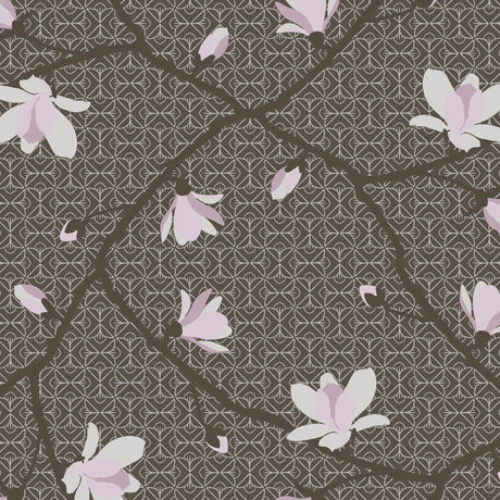 Magnolia mineral wallpaper by Boråstapeter for Schumacher, featuring blossoming magnolias on a geometric background.