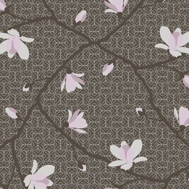 Magnolia mineral wallpaper by Boråstapeter for Schumacher, featuring blossoming magnolias on a geometric background.