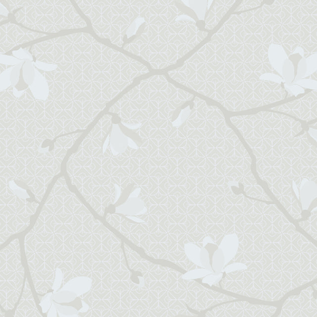 Magnolia bone-colored wallpaper with blossoming magnolia flowers and geometric background by Boråstapeter for Schumacher