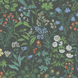 Flora Spruce wallpaper by Boråstapeter for Schumacher, featuring a lively allover wildflower pattern in green, blue, white, and orange on a dark background.