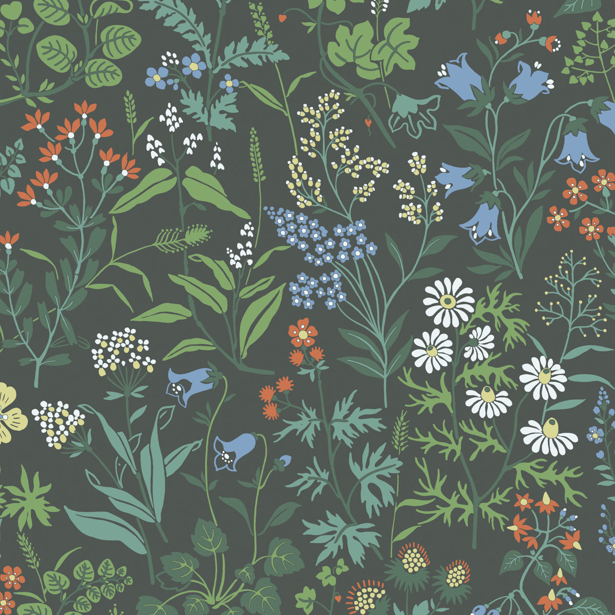 Flora Spruce wallpaper by Boråstapeter for Schumacher, featuring a lively allover wildflower pattern in green, blue, white, and orange on a dark background.