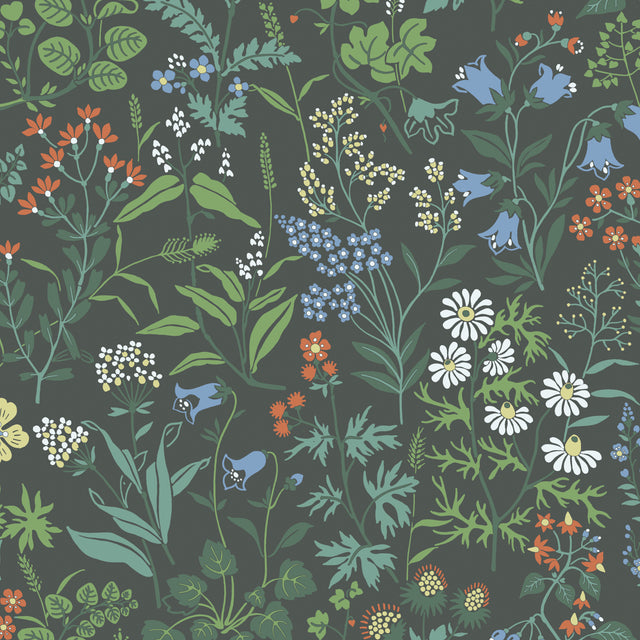 Flora Spruce wallpaper by Boråstapeter for Schumacher, featuring a lively allover wildflower pattern in green, blue, white, and orange on a dark background.