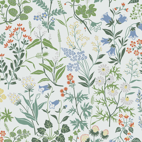 Flora wallpaper by Boråstapeter for Schumacher, featuring a lively allover pattern of wildflowers in ivory and multicolor.